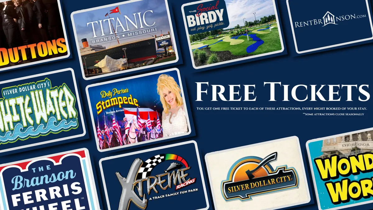 The scene centers on a collection of attraction cards under the title 'Free Tickets,' highlighting options for local entertainment and family outings. The mood is lively and exciting, capturing the variety of nearby activities.